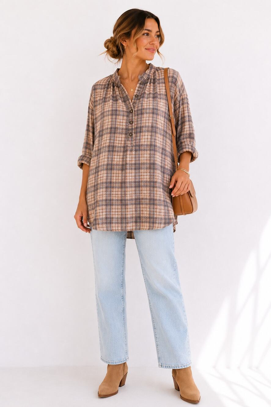 Free People Plaid Wool Blend Tunic Top Large Oversized Boho Henley Shirt